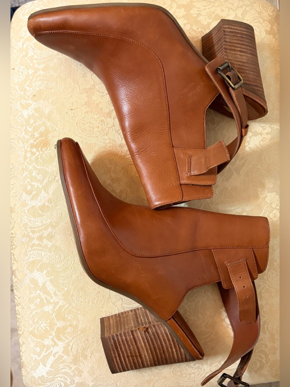AEROSOLES Cognac Brown Leather Block Heel Ankle Boots